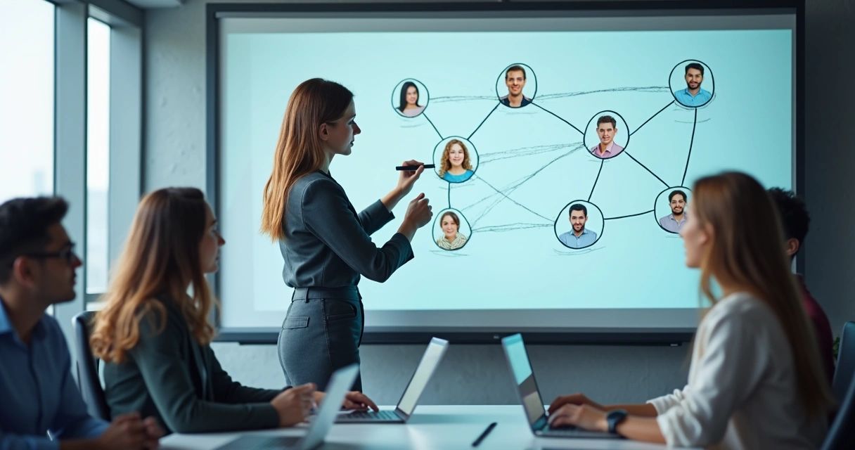 Líder mostrando conexão entre diferentes pessoas em reunião bordoando relações. 