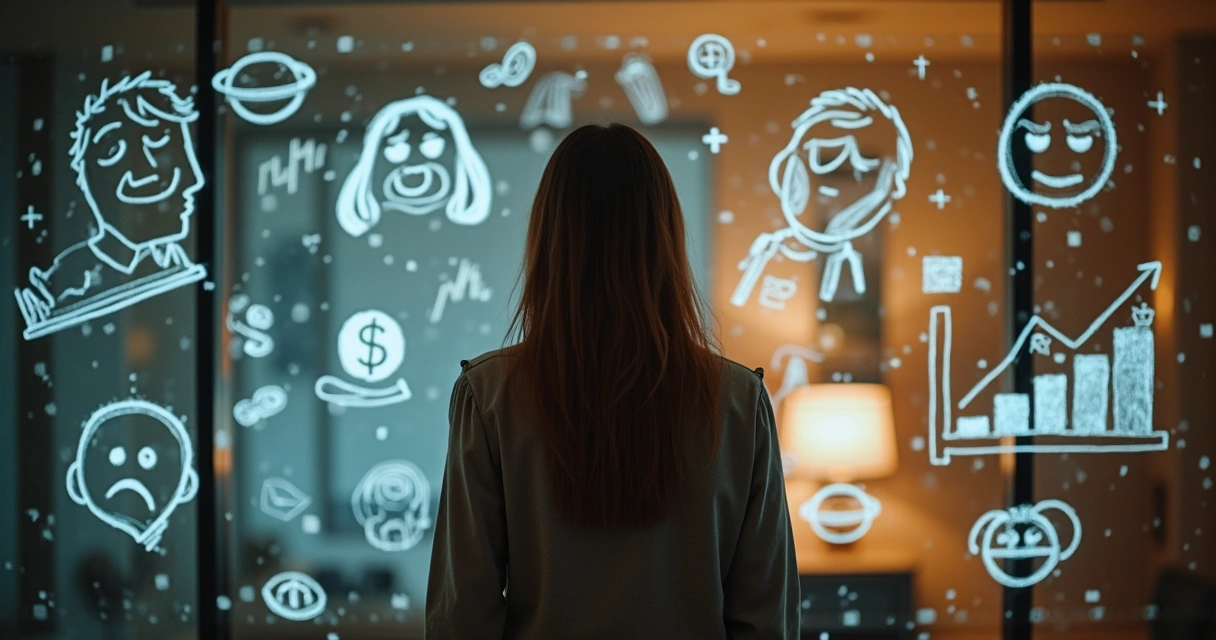 Persona mirando un espejo con billetes y emociones dibujadas al fondo 