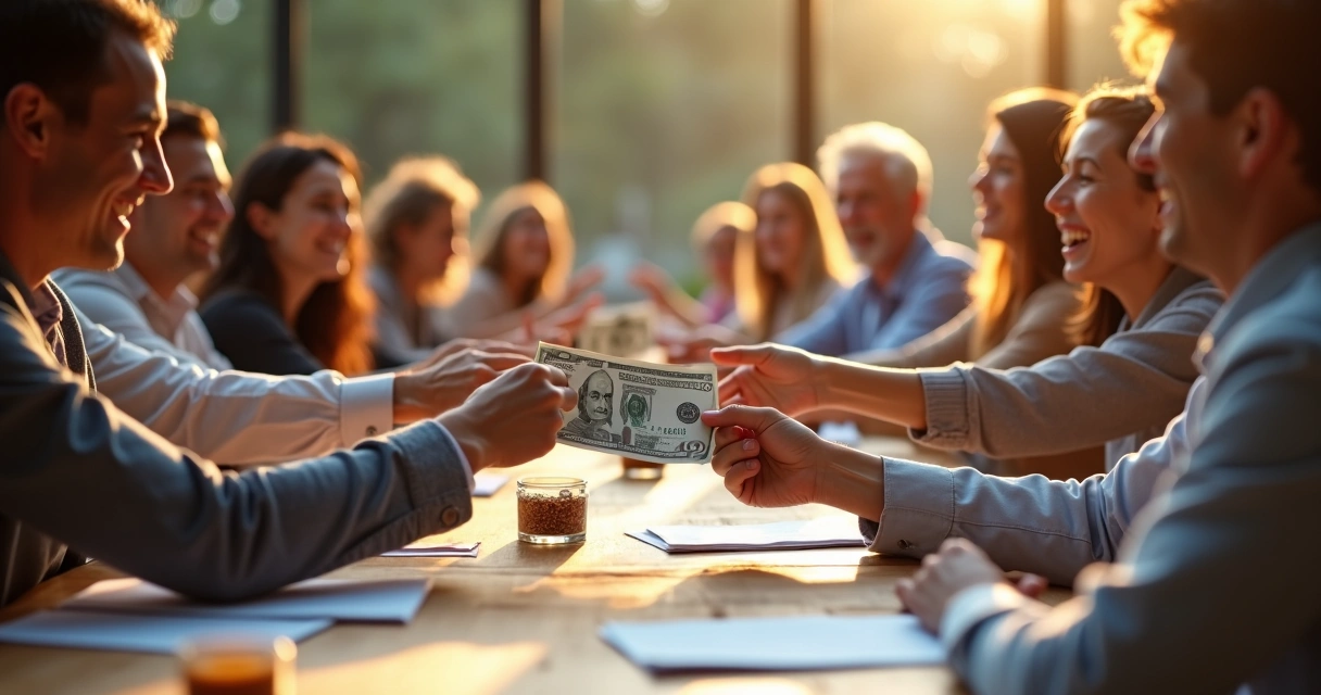 Personas intercambiando dinero en una reunión con emociones visibles 