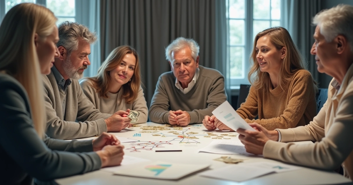 Familia sentada en torno a una mesa con billetes y monedas, rostros atentos