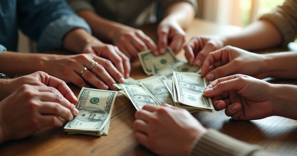 Manos de diferentes edades sosteniendo billetes juntos sobre una mesa de madera 