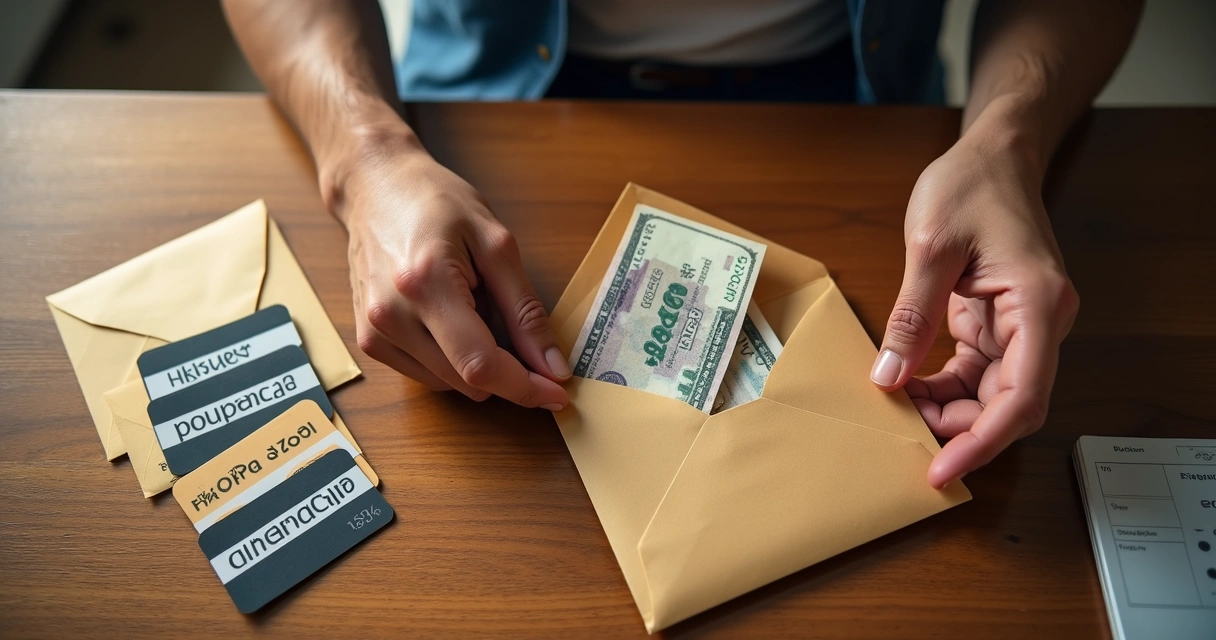 Homem guardando dinheiro em envelope marcado como despesas