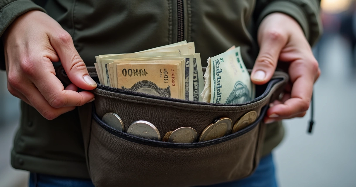 Notas e moedas separadas em bolsos diferentes de uma pochete de tecido