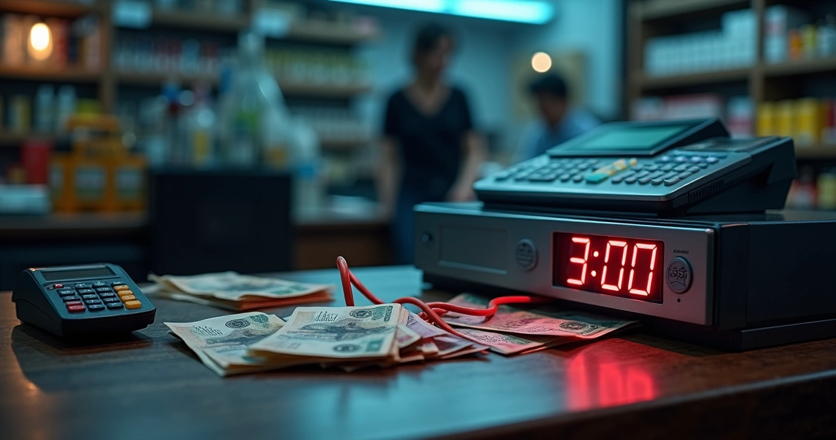 Notas de dinheiro saindo de caixa registradora conectada a bomba-relógio 