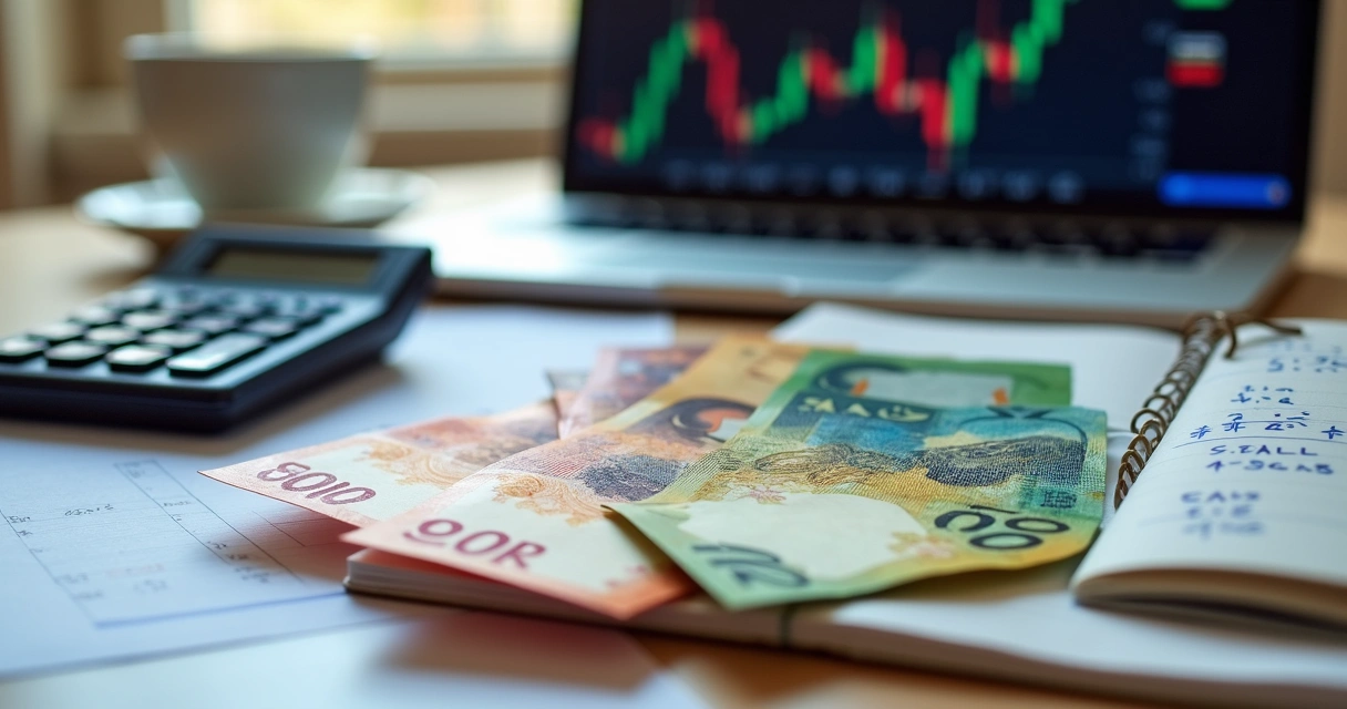 Notas de diferentes moedas sobre uma tabela de câmbio