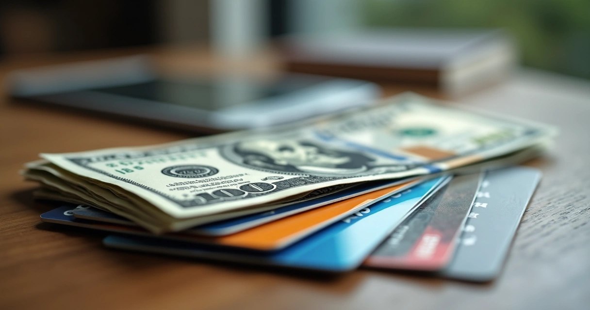 Notas de dólar e cartões de crédito sobre uma mesa de madeira. 