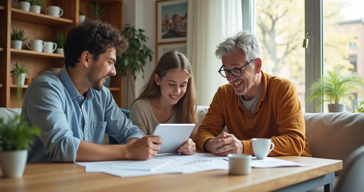 Família urbana sentada à mesa analisando papelada de finanças com sorrisos leves, ambiente iluminado