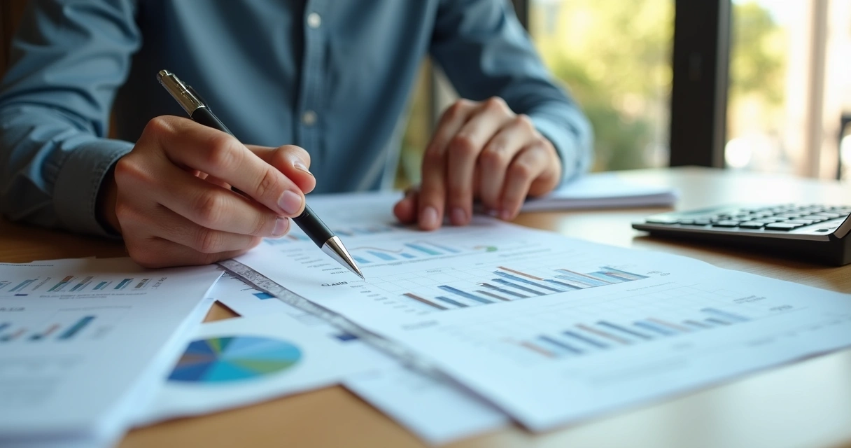 Pessoa analisando planilha financeira com papel e calculadora na mesa 