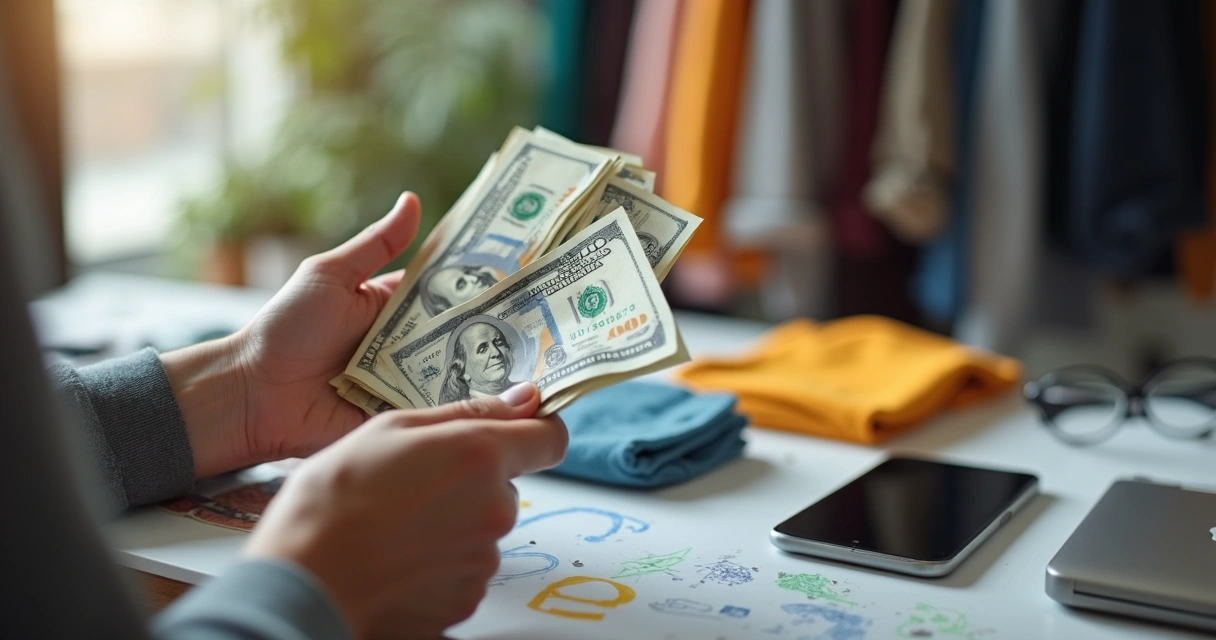 Pessoa segurando notas de dinheiro diante de diferentes objetos de consumo. 