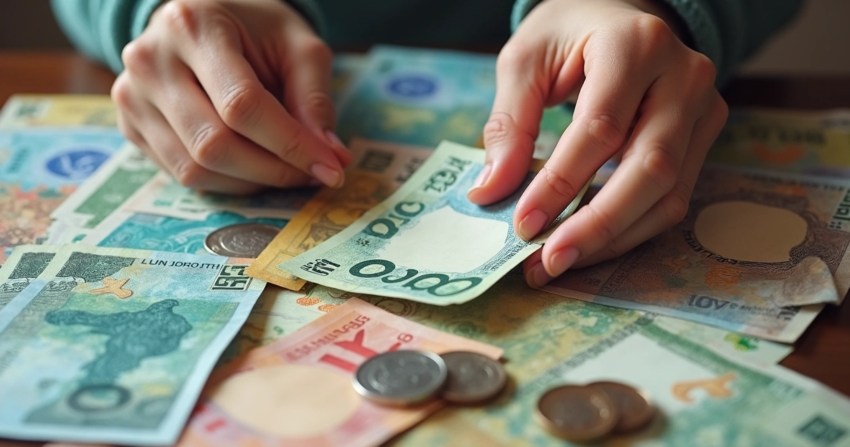 Cédulas e moedas brasileiras lado a lado, mãos escolhendo cuidadosamente uma nota