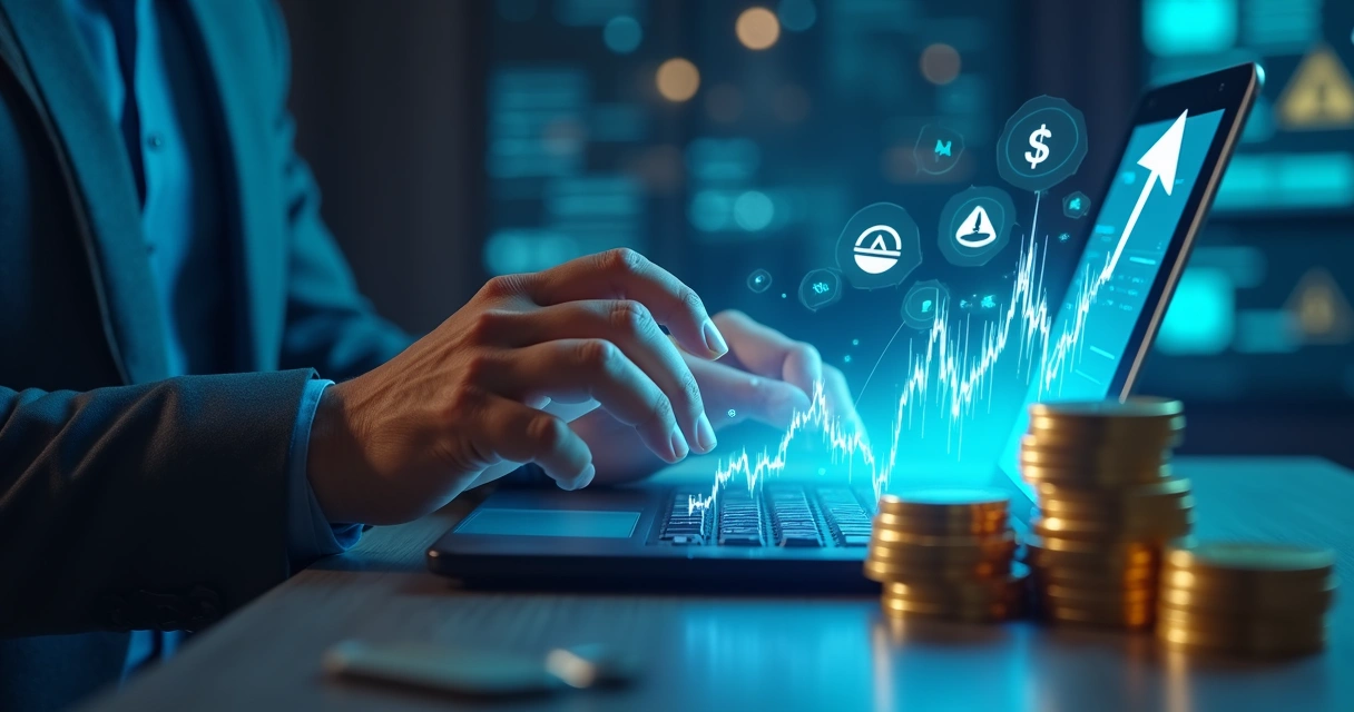 Homem olhando gráfico de lucros falsos em tablet digital 