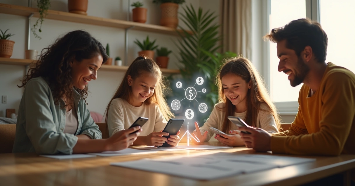 Família sentada à mesa planejando juntos finanças digitais 