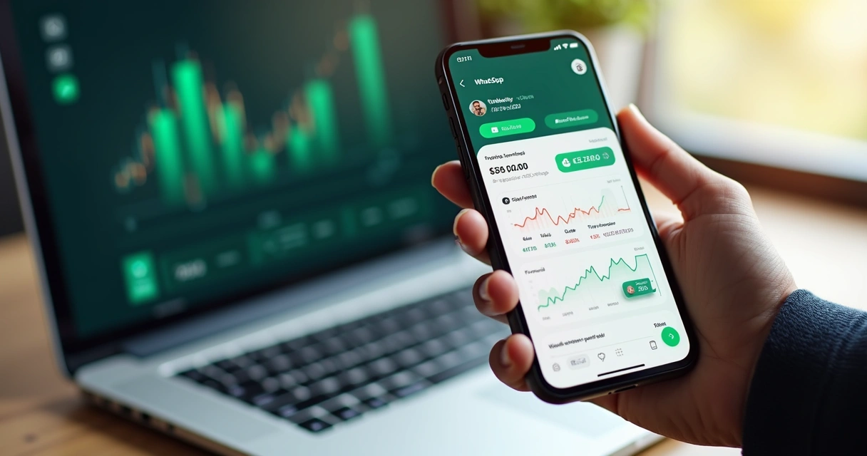 Pessoa usando smartphone para gerir finanças digitais pelo WhatsApp mostrando gráficos e mensagens na tela 