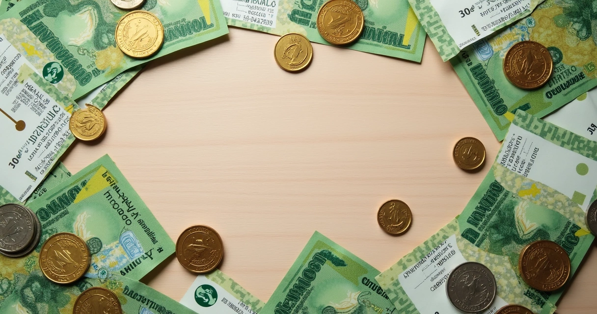 Notas e moedas brasileiras espalhadas ao lado de recibos e ícones representando cashback