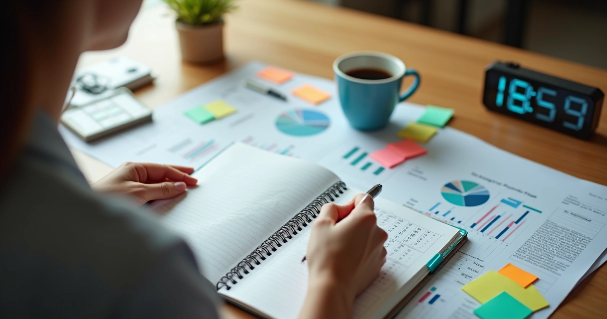 Pessoa escrevendo em um caderno com gráficos financeiros ao lado 