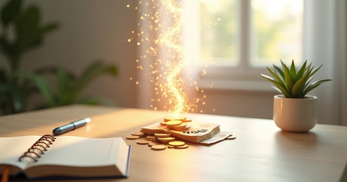 Notas de dinheiro se transformando em filetes de luz sobre uma mesa de madeira clara 