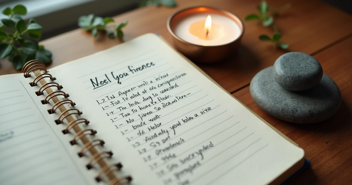 Caderno aberto com anotações financeiras ao lado de velas e pedra de meditação