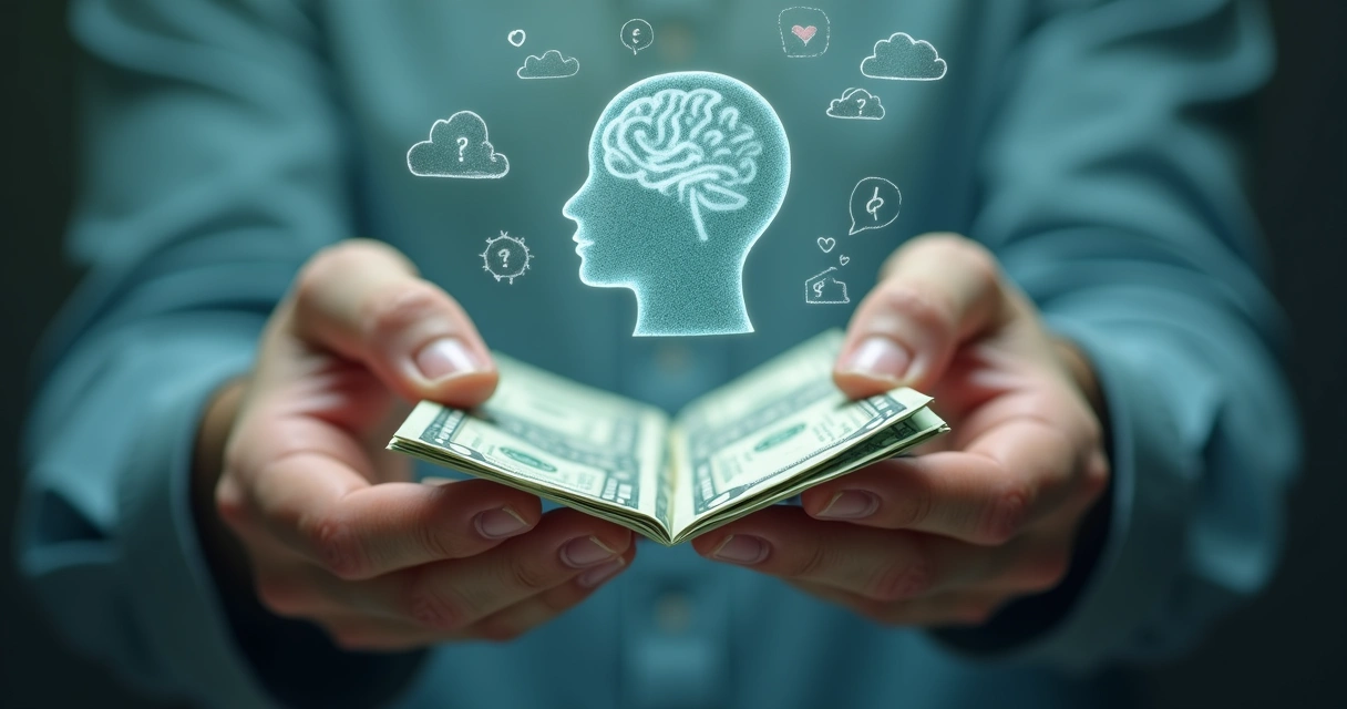 Duas mãos segurando notas de dinheiro junto a ilustrações de cérebro e emoções. 