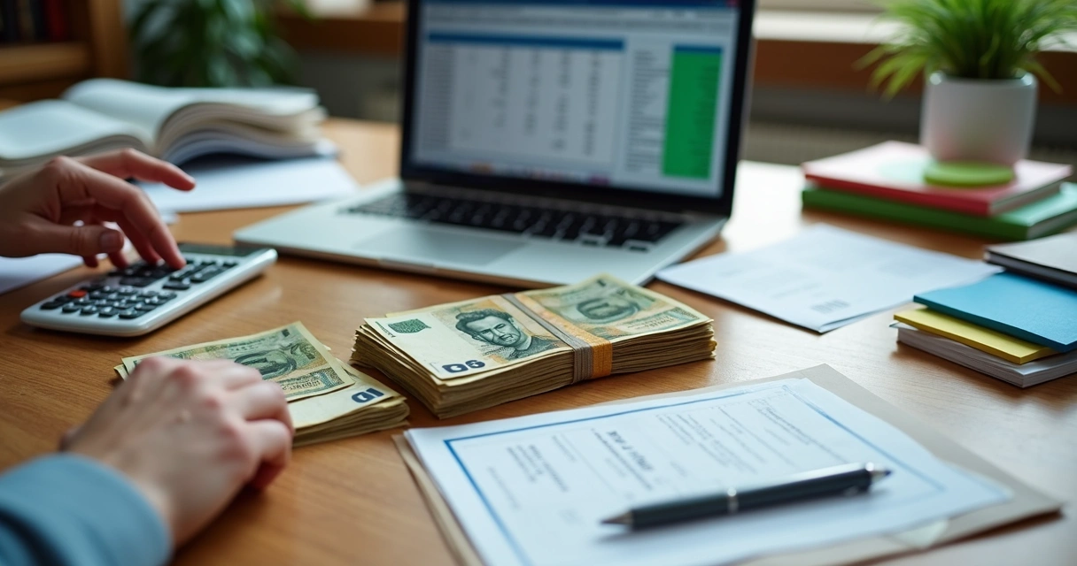 Organização de dinheiro, papéis e computador em mesa de escritório 