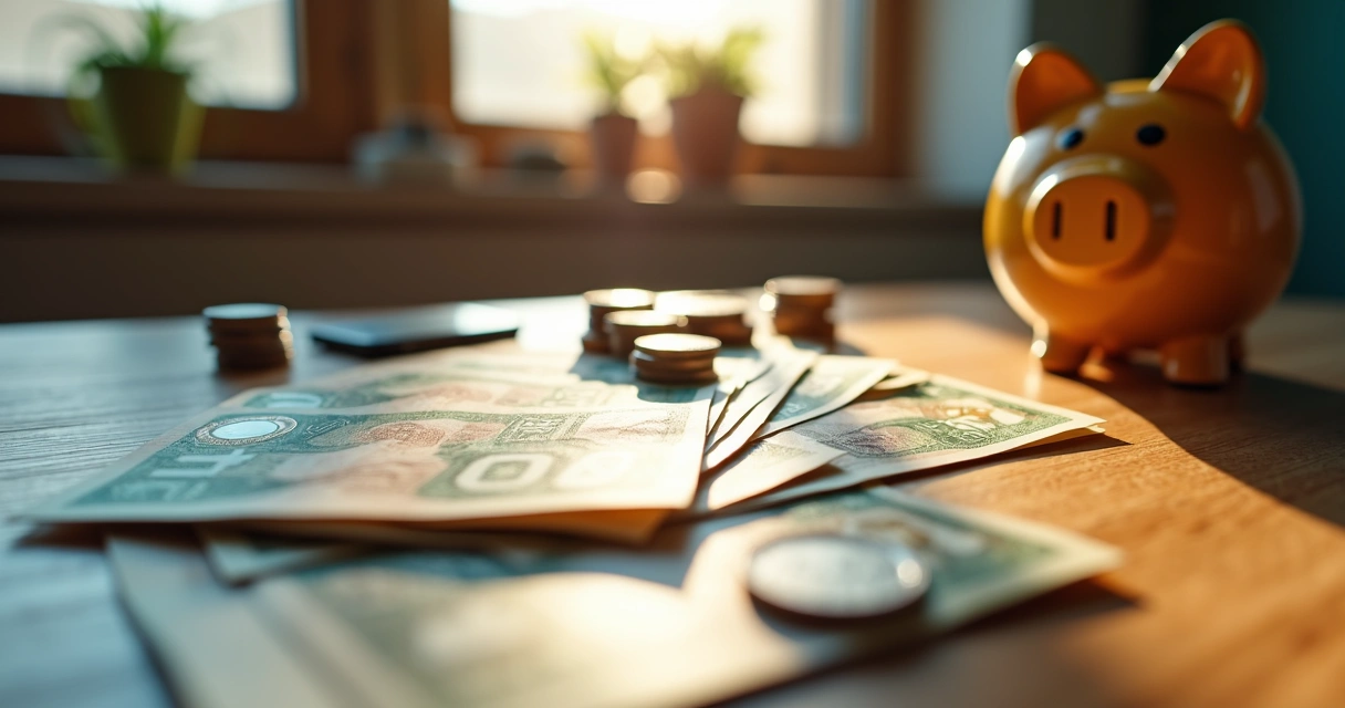 Notas de dinheiro e moedas empilhadas sobre uma mesa com um cofrinho ao lado em ambiente iluminado 