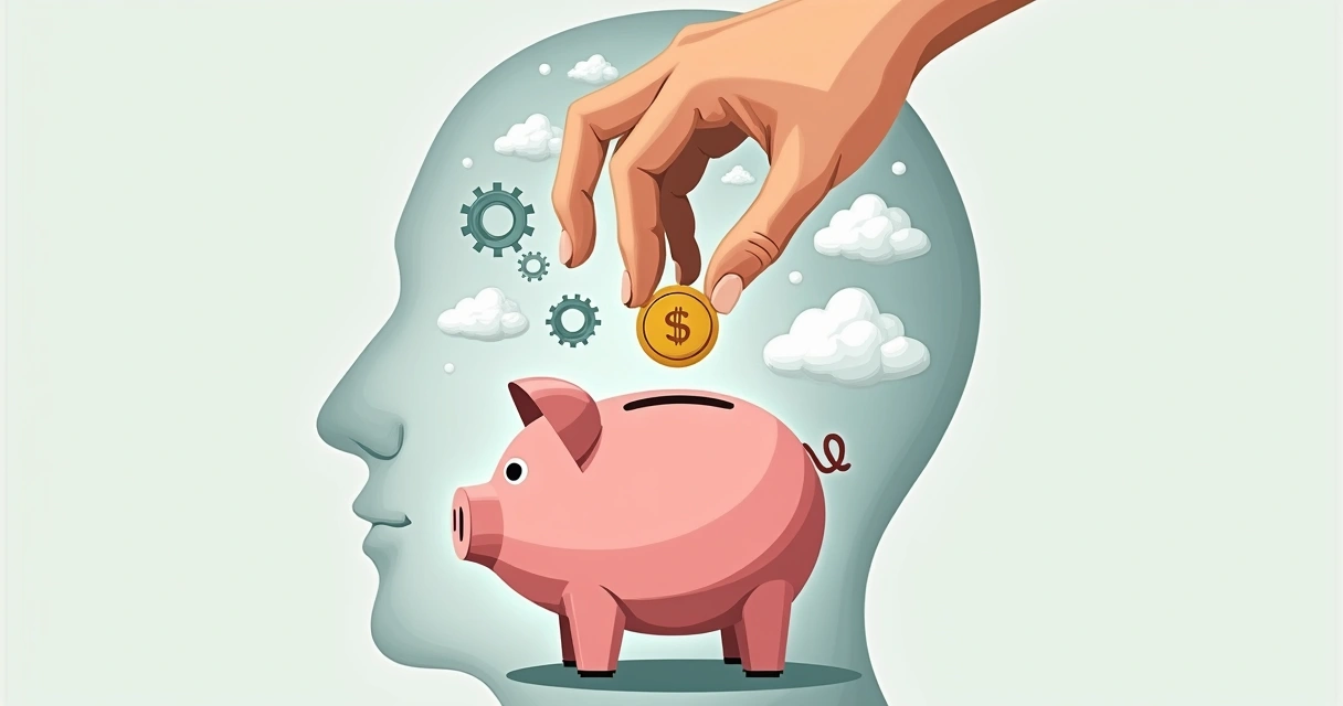 Mão colocando moeda em um cofre com silhueta de cabeça humana desenhada.