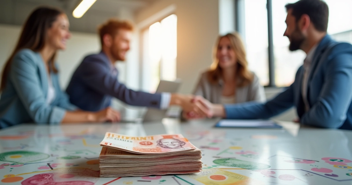 Cédulas coloridas conectadas a pessoas felizes em ambiente de trabalho moderno. 