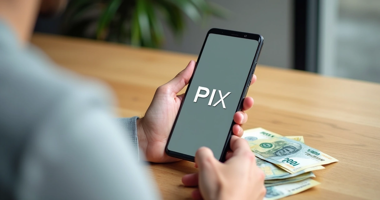 Celular exibindo tela de transferência via PIX, cédulas de real ao lado, mesa de madeira clara 