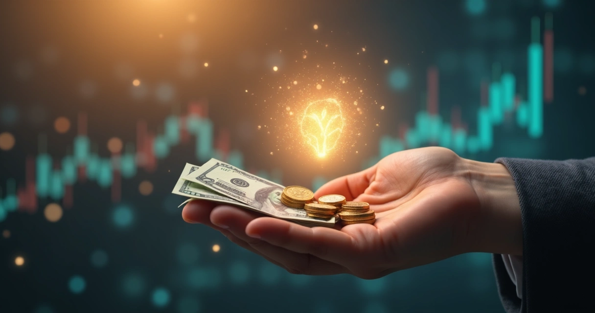 Pessoa segurando dinheiro em uma mão e uma luz simbólica de propósito na outra 