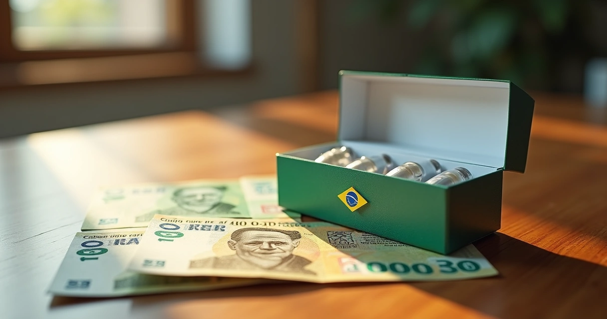 Notas de reais e caixinha de medicamento juntas simbolizando gasto com remédios 