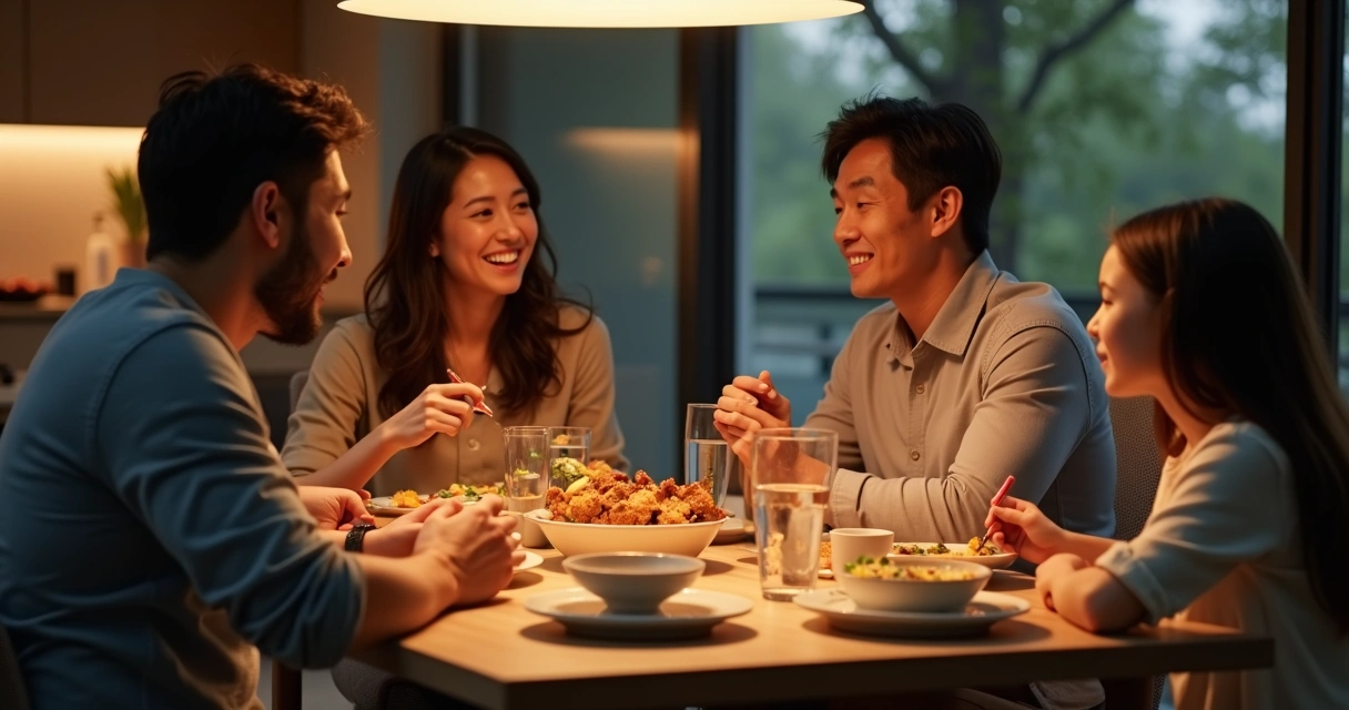 Family sharing a meal and talking around the dining table 