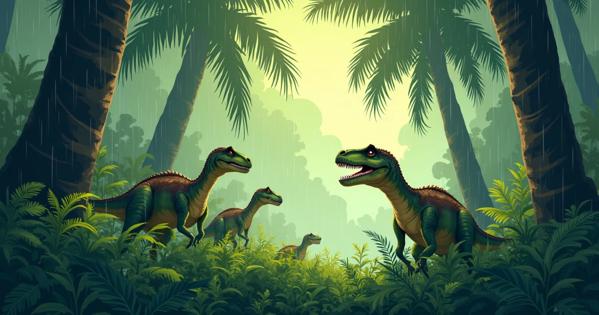 Dinossauros camuflados em floresta densa 