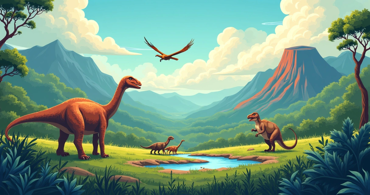 Cena mesozoica com dinossauros em diferentes hábitos 