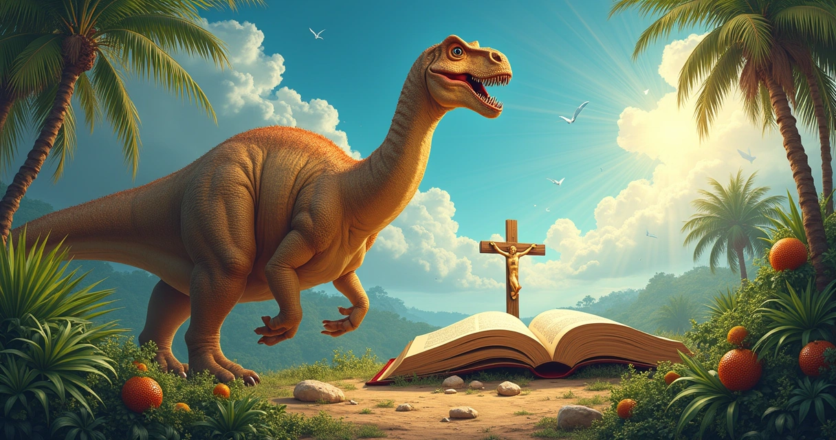 Dinossauro herbívoro ao lado de uma Bíblia aberta, com símbolos de ciência e fé ao fundo.