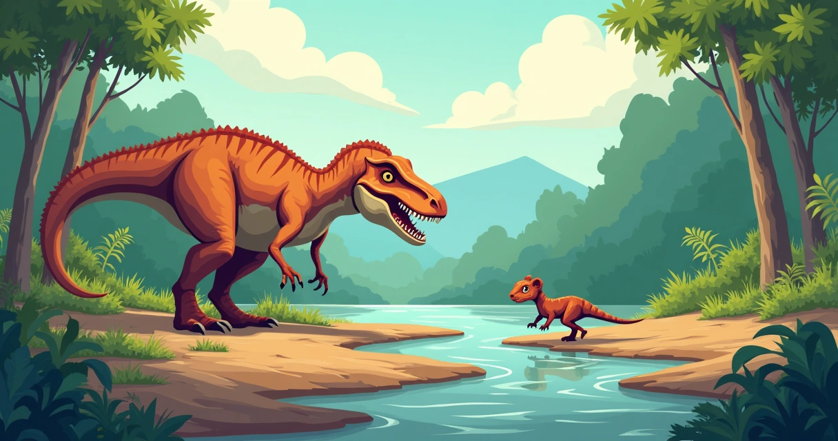 Dinossauro se aproximando de pequeno mamífero na natureza pré-histórica 