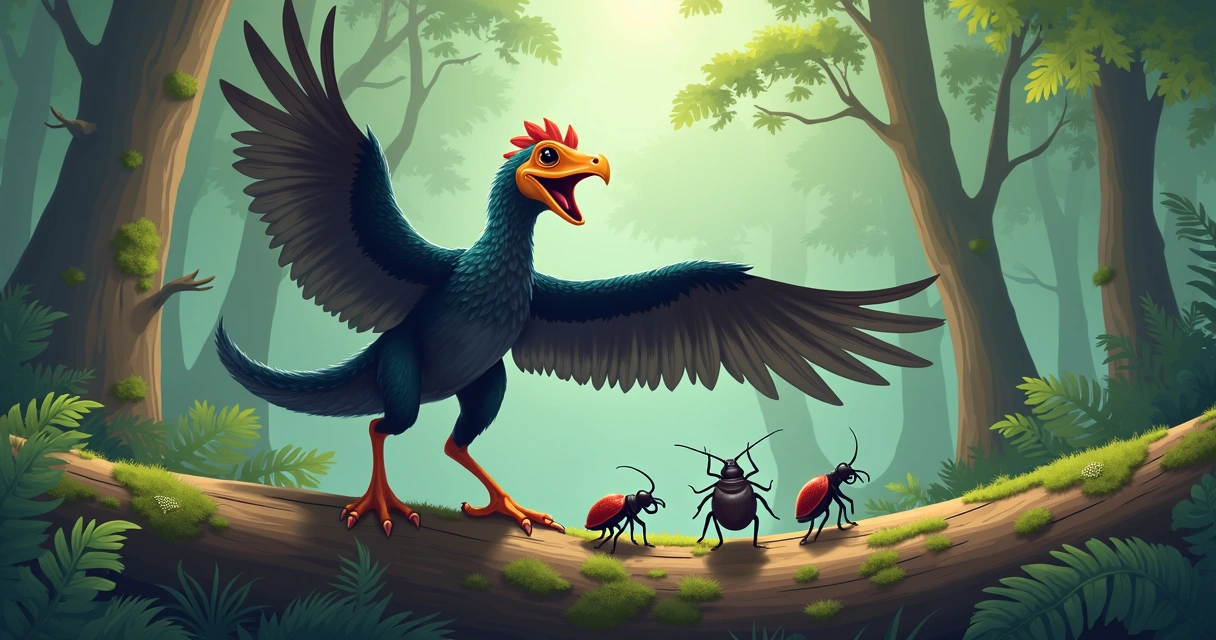 Microraptor caçando insetos em um tronco caído 