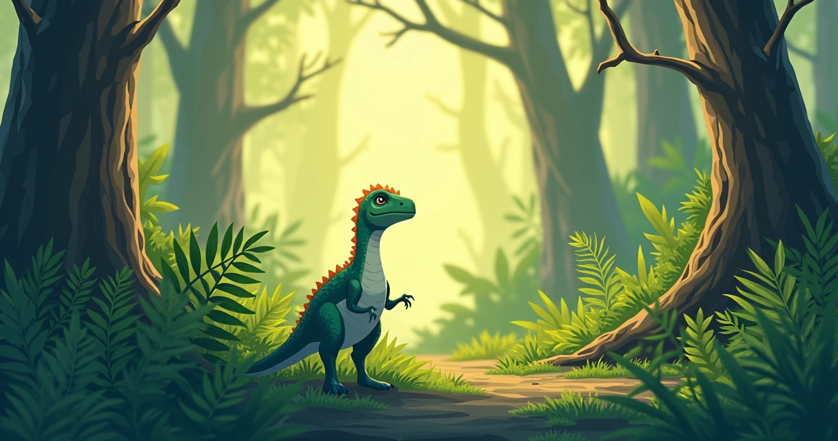 Pequeno dinossauro entre folhas de samambaia 