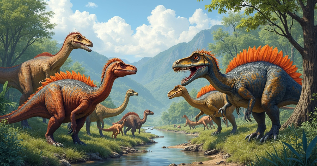 Dinossauros com cristas coloridas em ambiente pré-histórico 