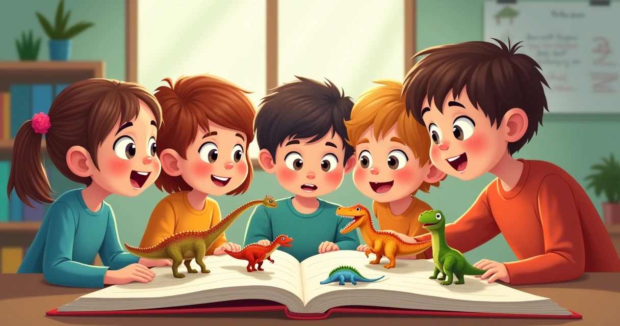 Crianças lendo livro de dinossauros, olhos brilhando 