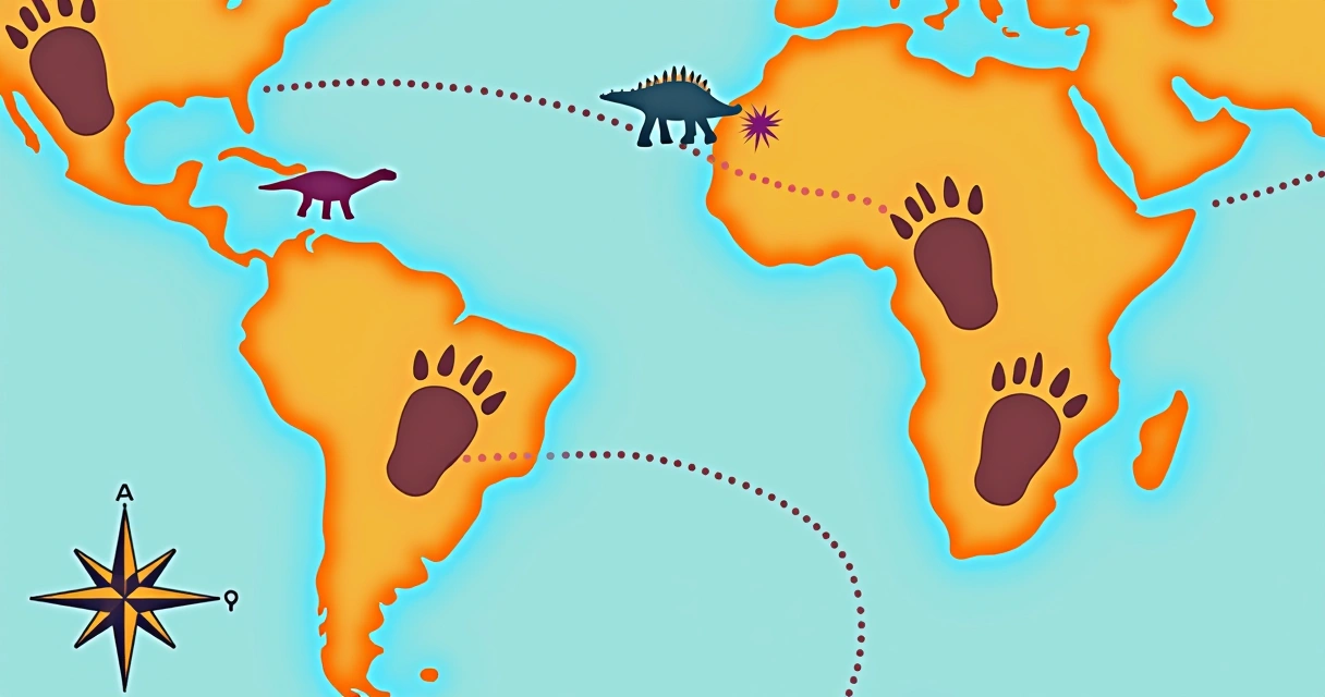 Mapa ilustrado mostrando pegadas de dinossauros conectando Brasil e África 