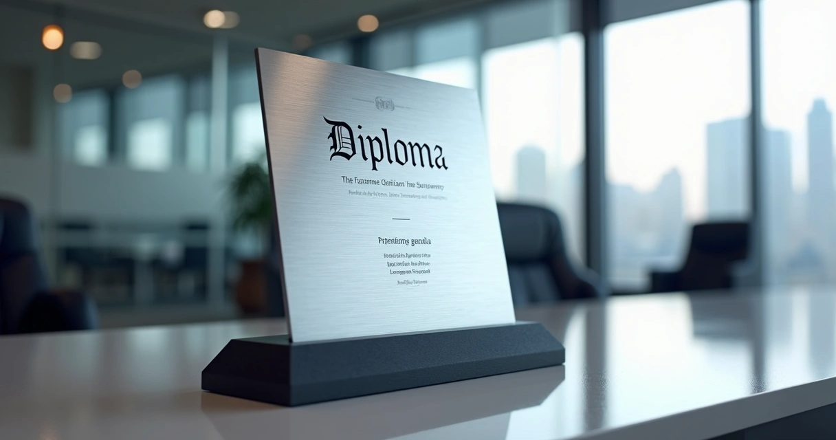 Diploma de aço em mesa corporativa com base e identidade visual da empresa 