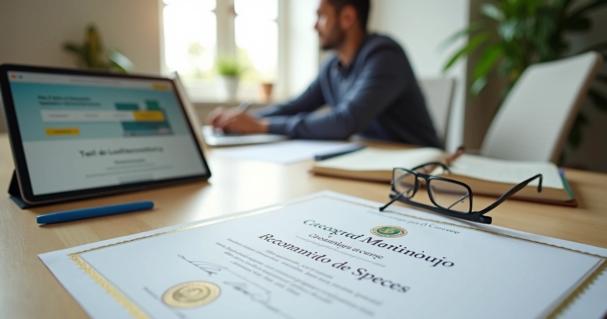 Diploma EAD com selo de reconhecimento ao lado de tablet aberto em mesa de estudos 