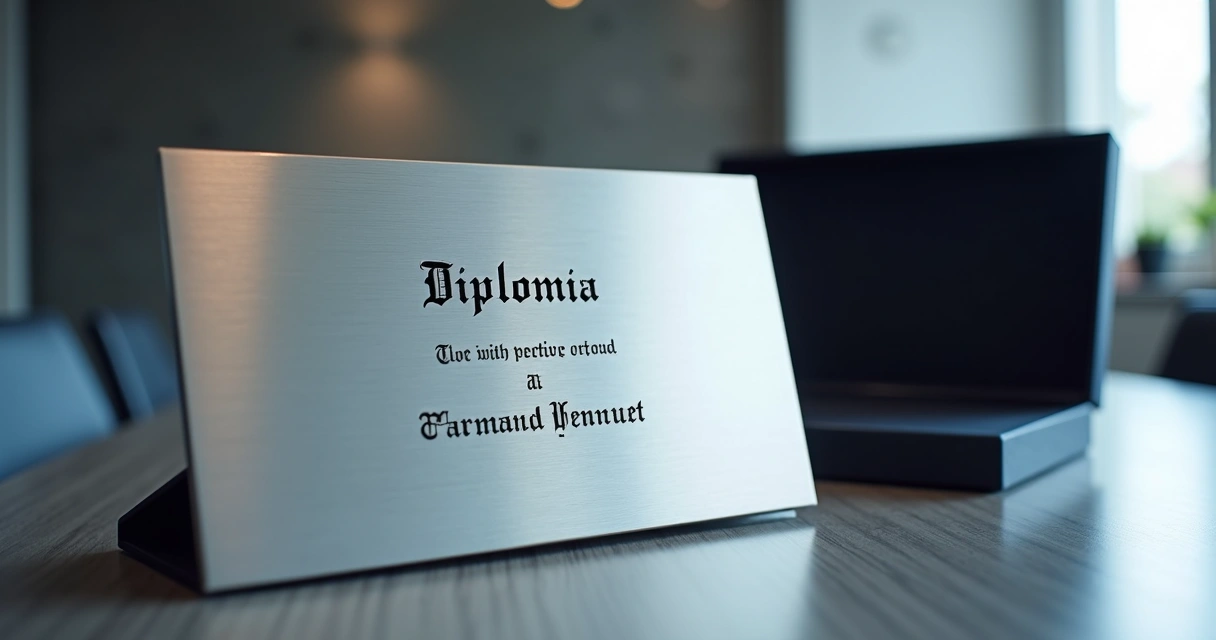 Diploma metálico em aço inox sobre mesa corporativa
