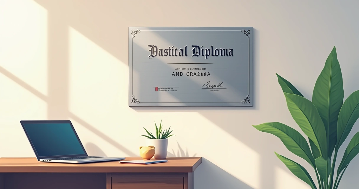 Diploma de aço inox exposto em escritório corporativo 