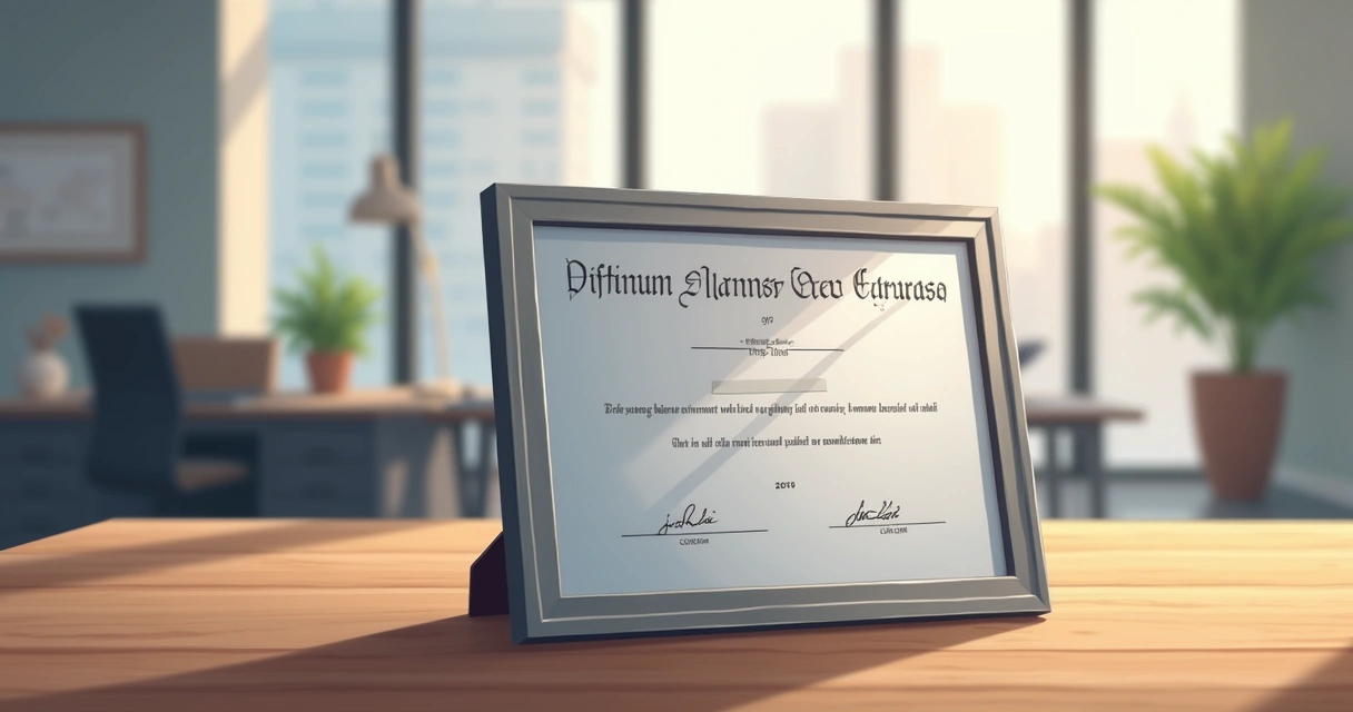 Diploma em aço inox com moldura alumínio em mesa de escritório corporativo 