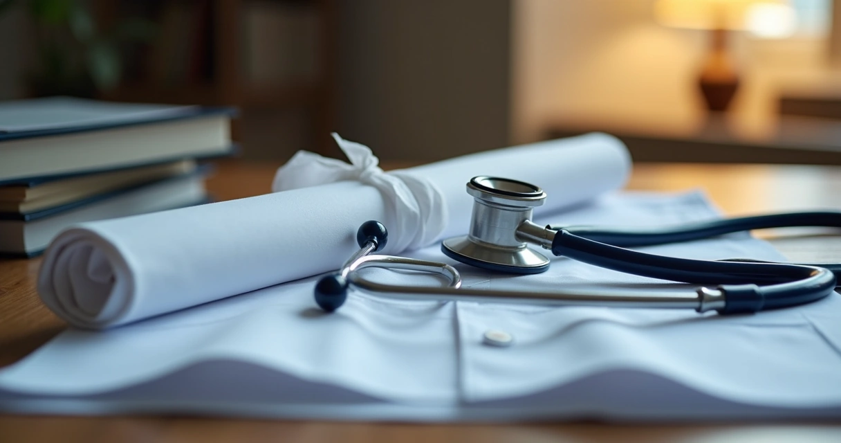 Diploma de medicina ao lado de jaleco branco e estetoscópio 