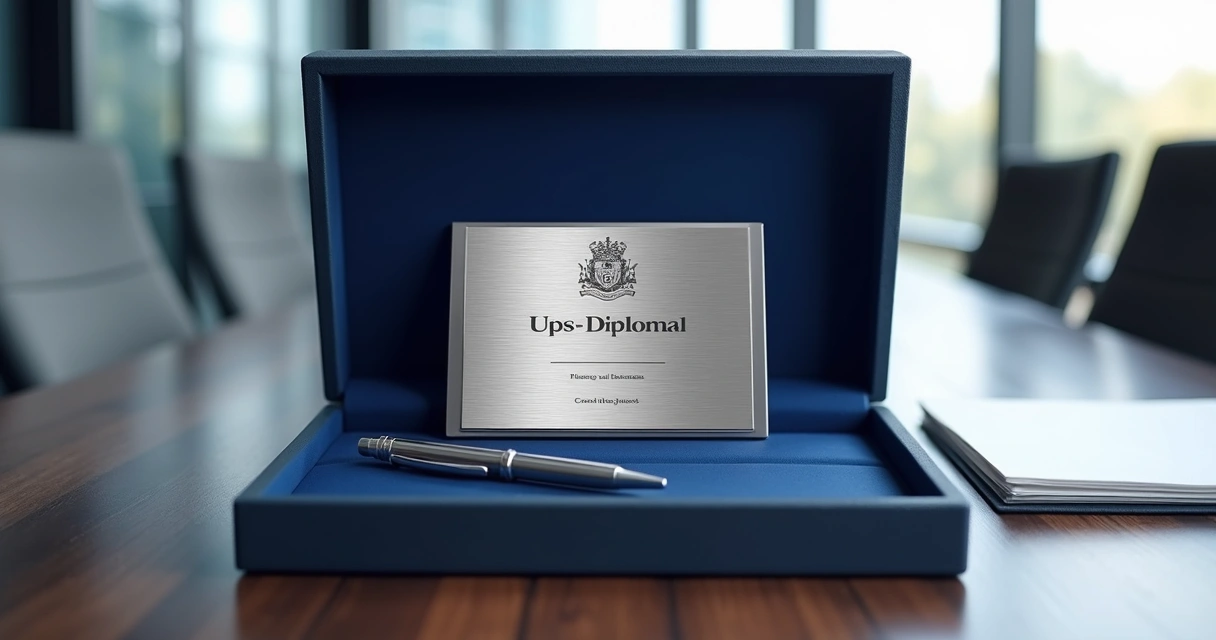 Diploma em aço inox com estojo sobre mesa corporativa