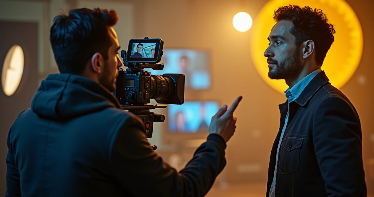 Diretor orientando ator durante gravação de vídeo curto em estúdio moderno 