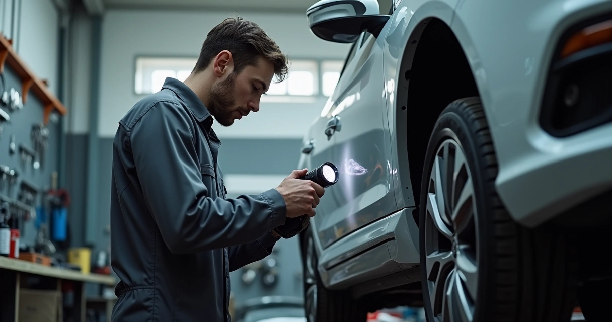 Mecânico analisando sistema de direção do carro na oficina 