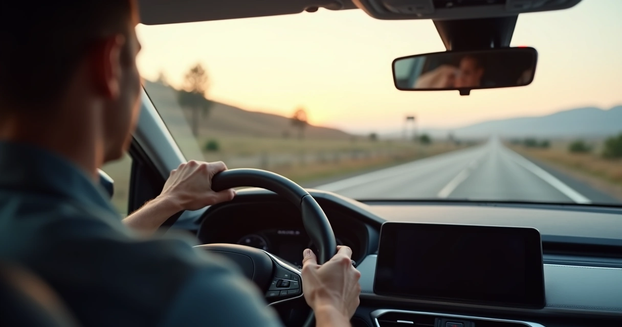 Motorista em primeiro plano conduzindo calmamente em estrada vazia ao amanhecer 