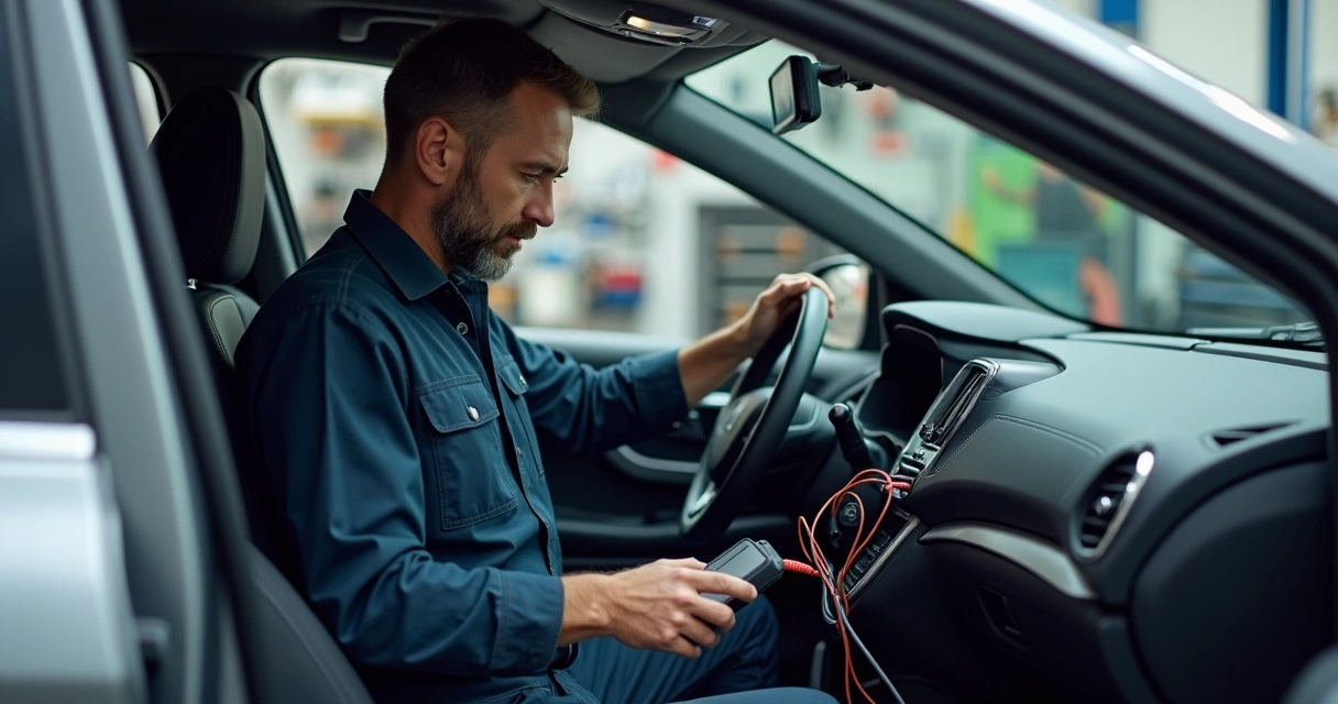 Técnico inspecionando sistema de direção elétrica de carro 